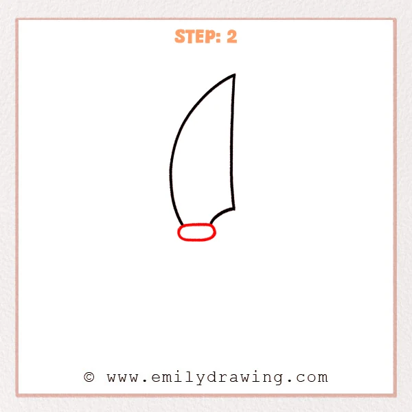 how to draw a cartoon knife - Step 2 of a step-by-step drawing tutorial showing a cartoon knife blade with a small rounded oval guard added at the base.